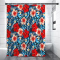 Turquoise Leaves Hibiscus Pattern Print Shower Curtain