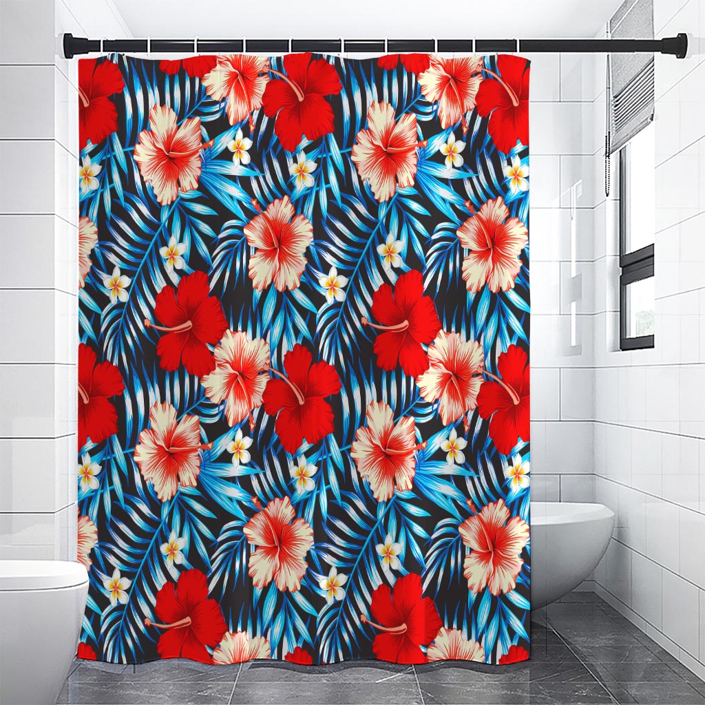 Turquoise Leaves Hibiscus Pattern Print Shower Curtain