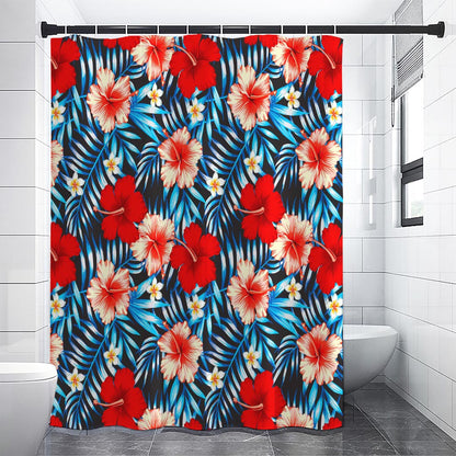 Turquoise Leaves Hibiscus Pattern Print Shower Curtain