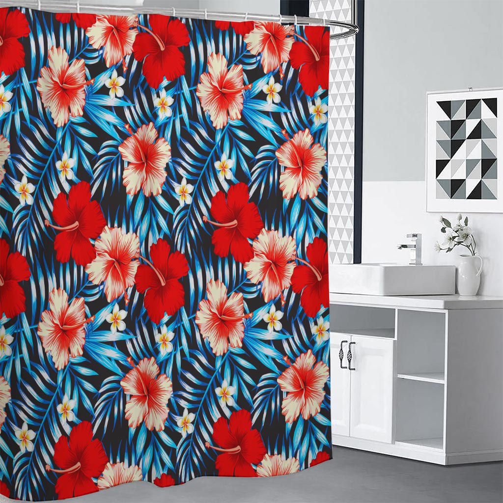 Turquoise Leaves Hibiscus Pattern Print Shower Curtain