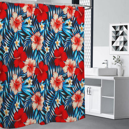 Turquoise Leaves Hibiscus Pattern Print Shower Curtain