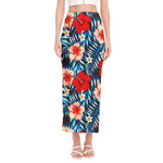 Turquoise Leaves Hibiscus Pattern Print Side Slit Maxi Skirt