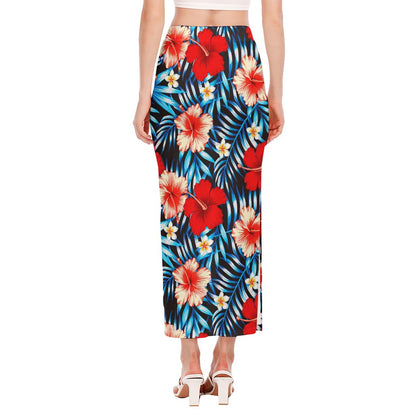 Turquoise Leaves Hibiscus Pattern Print Side Slit Maxi Skirt