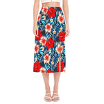 Turquoise Leaves Hibiscus Pattern Print Side Slit Midi Skirt