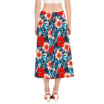 Turquoise Leaves Hibiscus Pattern Print Side Slit Midi Skirt