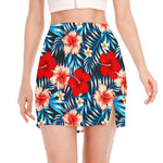 Turquoise Leaves Hibiscus Pattern Print Side Slit Mini Skirt