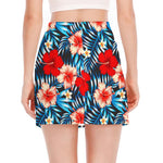 Turquoise Leaves Hibiscus Pattern Print Side Slit Mini Skirt