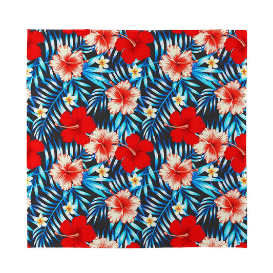 Turquoise Leaves Hibiscus Pattern Print Silk Bandana