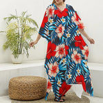 Turquoise Leaves Hibiscus Pattern Print Silk V-Neck Kaftan Dress