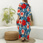 Turquoise Leaves Hibiscus Pattern Print Silk V-Neck Kaftan Dress