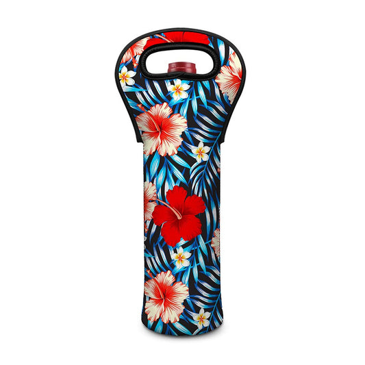 Turquoise Leaves Hibiscus Pattern Print Single Neoprene Wine Tote
