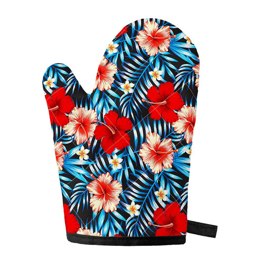 Turquoise Leaves Hibiscus Pattern Print Single Oven Mitt