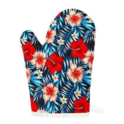 Turquoise Leaves Hibiscus Pattern Print Single Oven Mitt
