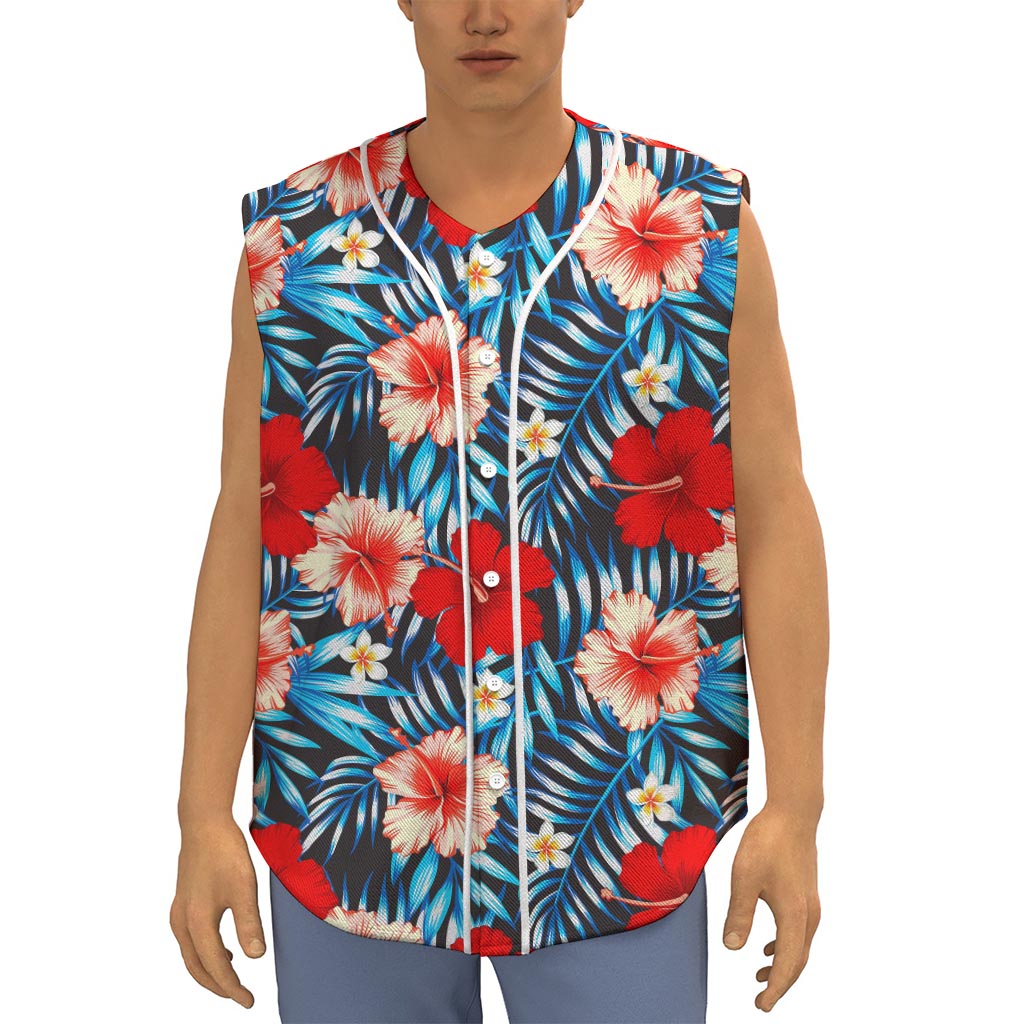 Turquoise Leaves Hibiscus Pattern Print Sleeveless Baseball Jersey