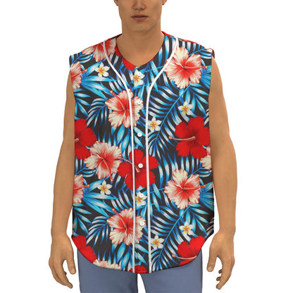 Turquoise Leaves Hibiscus Pattern Print Sleeveless Baseball Jersey