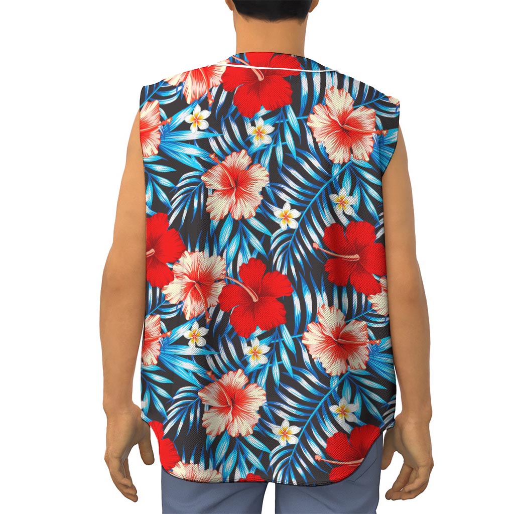 Turquoise Leaves Hibiscus Pattern Print Sleeveless Baseball Jersey