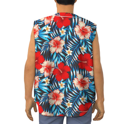 Turquoise Leaves Hibiscus Pattern Print Sleeveless Baseball Jersey