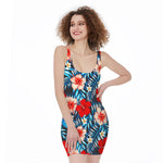 Turquoise Leaves Hibiscus Pattern Print Sleeveless Bodycon Dress