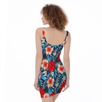 Turquoise Leaves Hibiscus Pattern Print Sleeveless Bodycon Dress