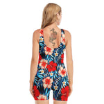 Turquoise Leaves Hibiscus Pattern Print Sleeveless One Piece Swimsuit