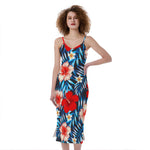 Turquoise Leaves Hibiscus Pattern Print Slim Fit Midi Cami Dress
