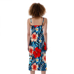 Turquoise Leaves Hibiscus Pattern Print Slim Fit Midi Cami Dress