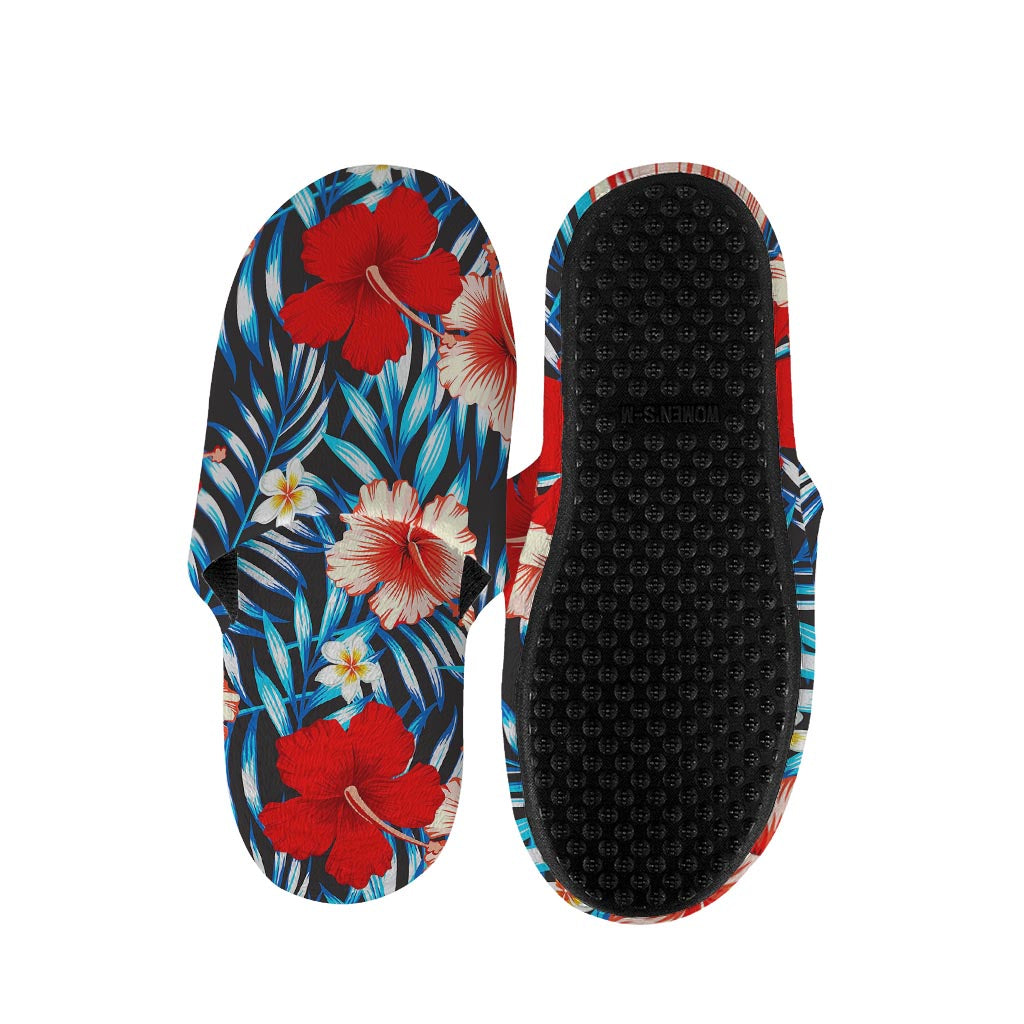 Turquoise Leaves Hibiscus Pattern Print Slippers