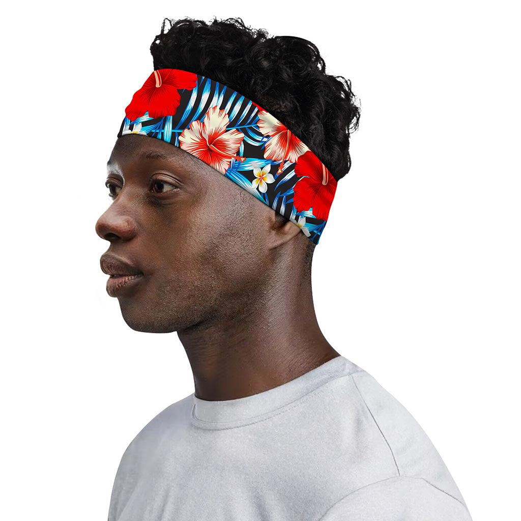 Turquoise Leaves Hibiscus Pattern Print Sports Headband