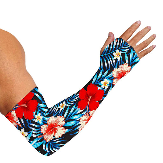Turquoise Leaves Hibiscus Pattern Print Sun Protection Arm Sleeves