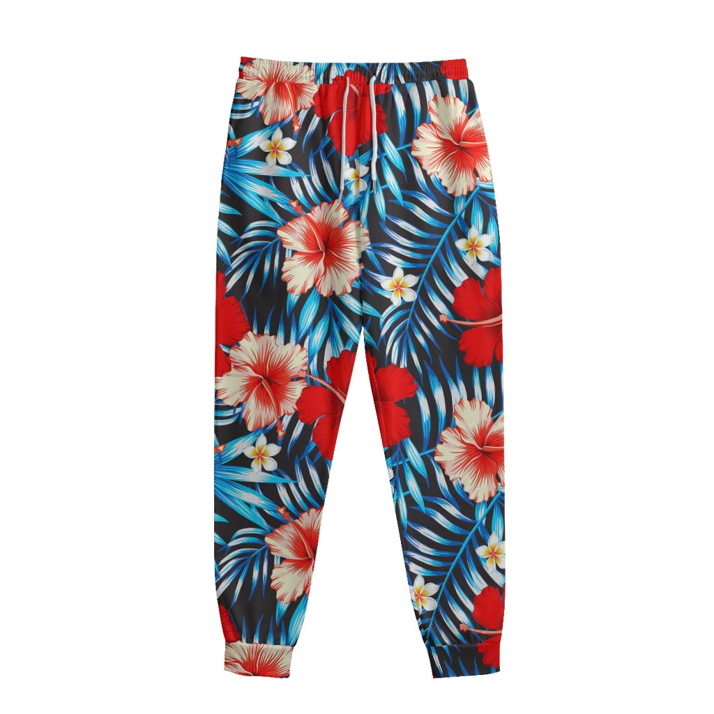 Turquoise Leaves Hibiscus Pattern Print Sweatpants