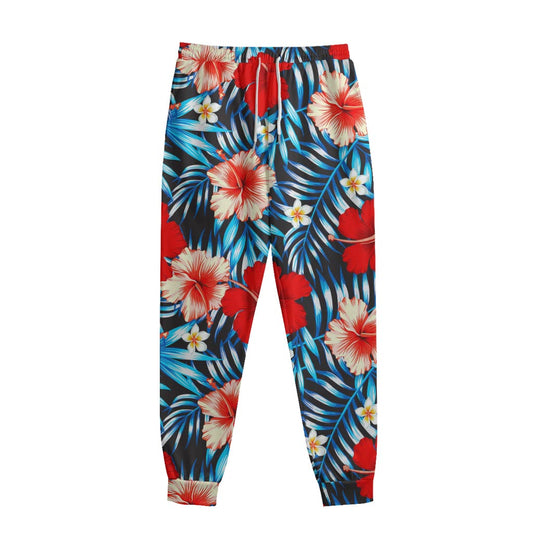 Turquoise Leaves Hibiscus Pattern Print Sweatpants