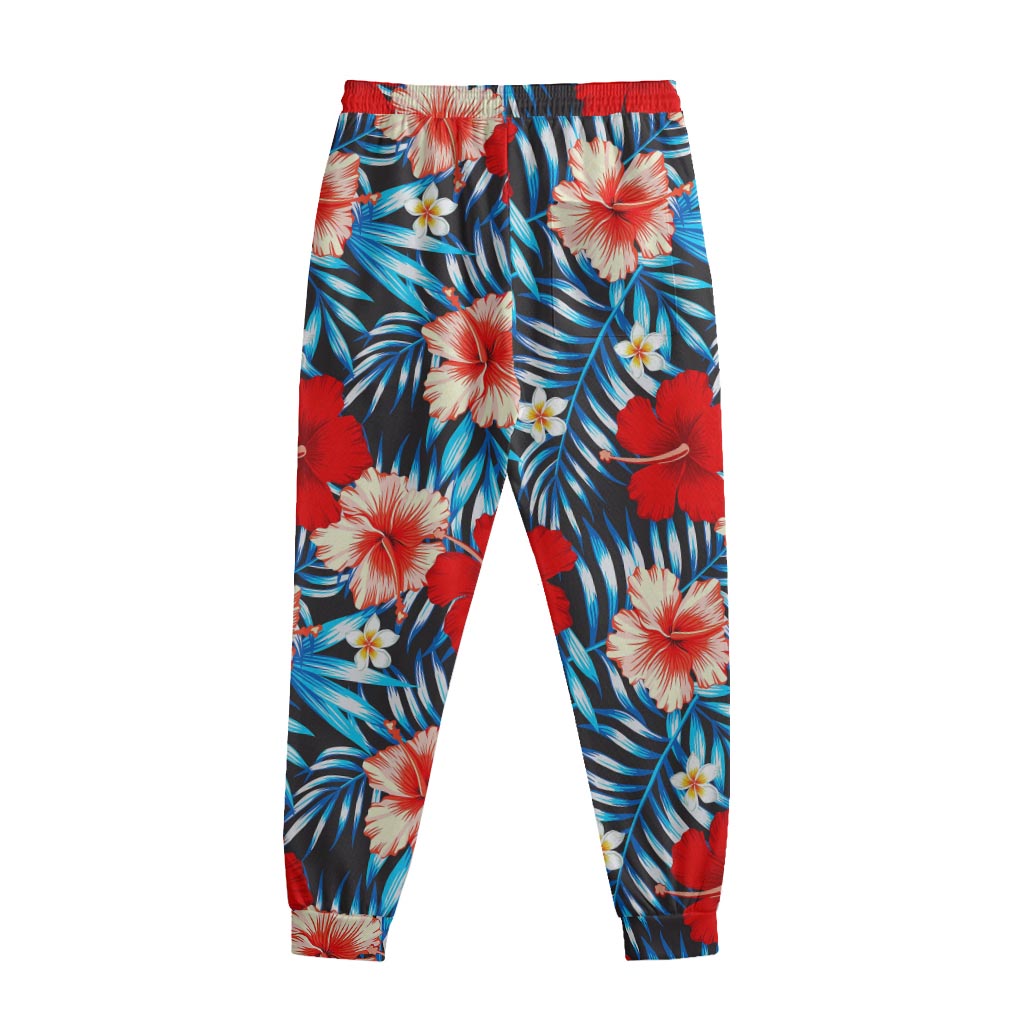 Turquoise Leaves Hibiscus Pattern Print Sweatpants