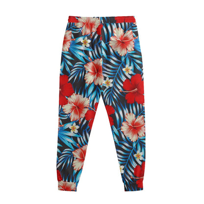 Turquoise Leaves Hibiscus Pattern Print Sweatpants
