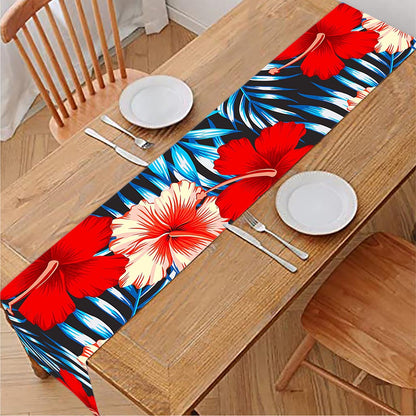 Turquoise Leaves Hibiscus Pattern Print Table Runner