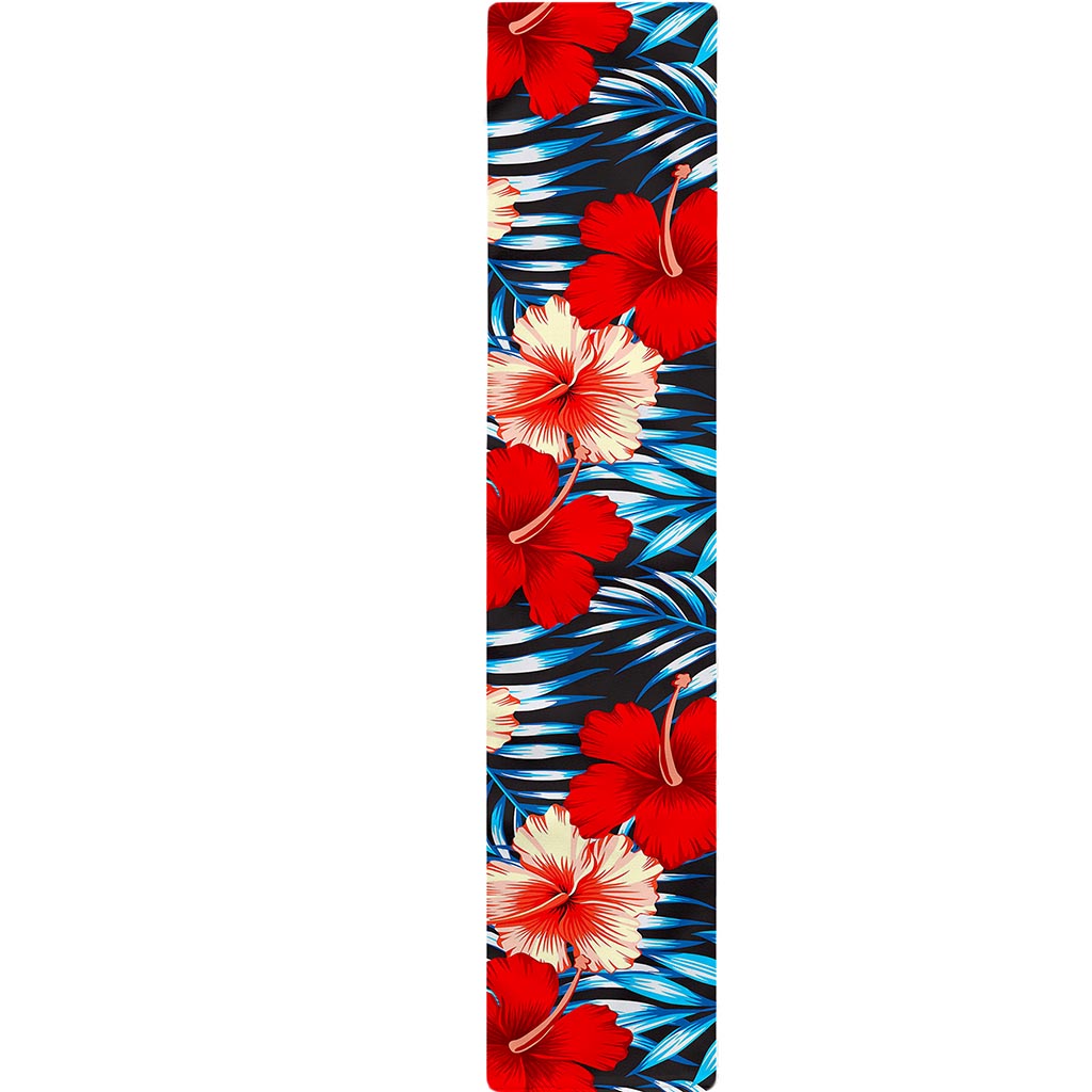 Turquoise Leaves Hibiscus Pattern Print Table Runner