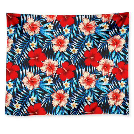 Turquoise Leaves Hibiscus Pattern Print Tapestry