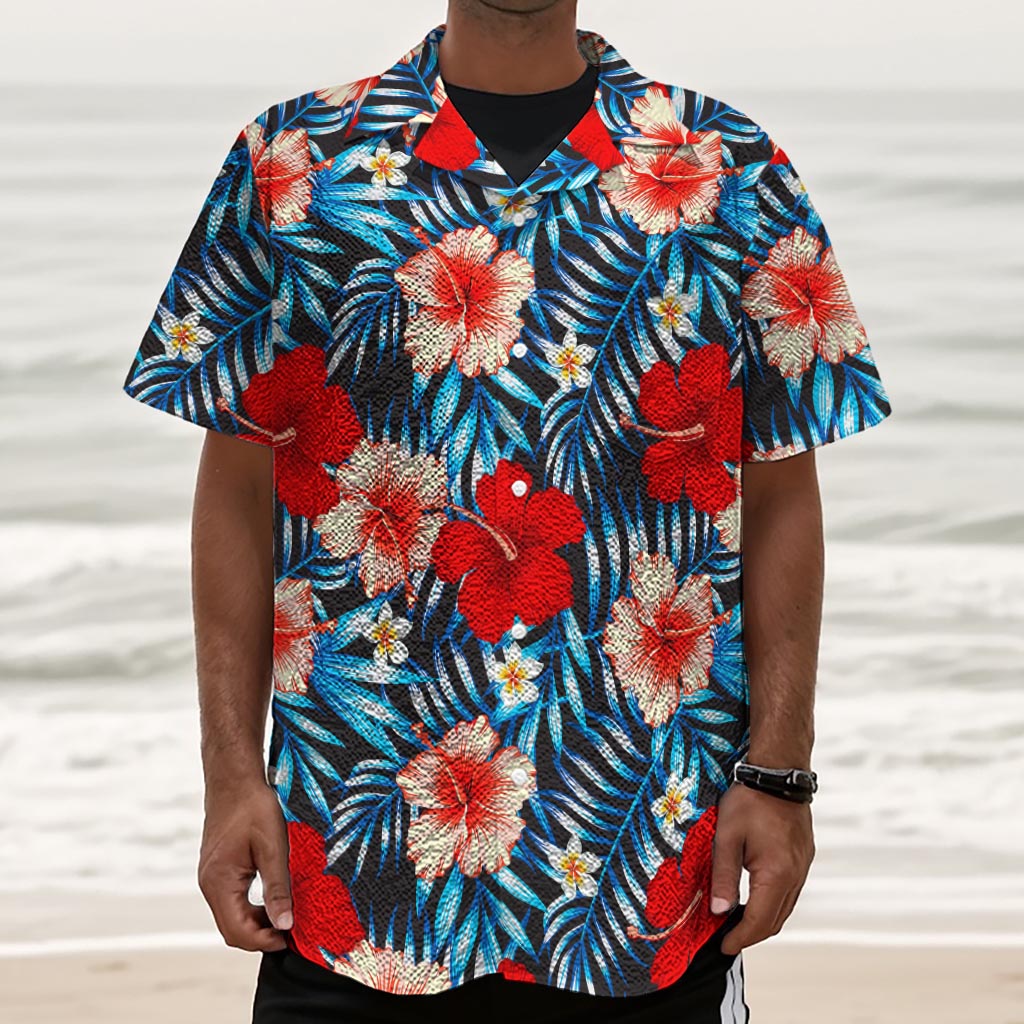 Turquoise Leaves Hibiscus Pattern Print Textured Short Sleeve Shirt