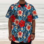 Turquoise Leaves Hibiscus Pattern Print Textured Short Sleeve Shirt