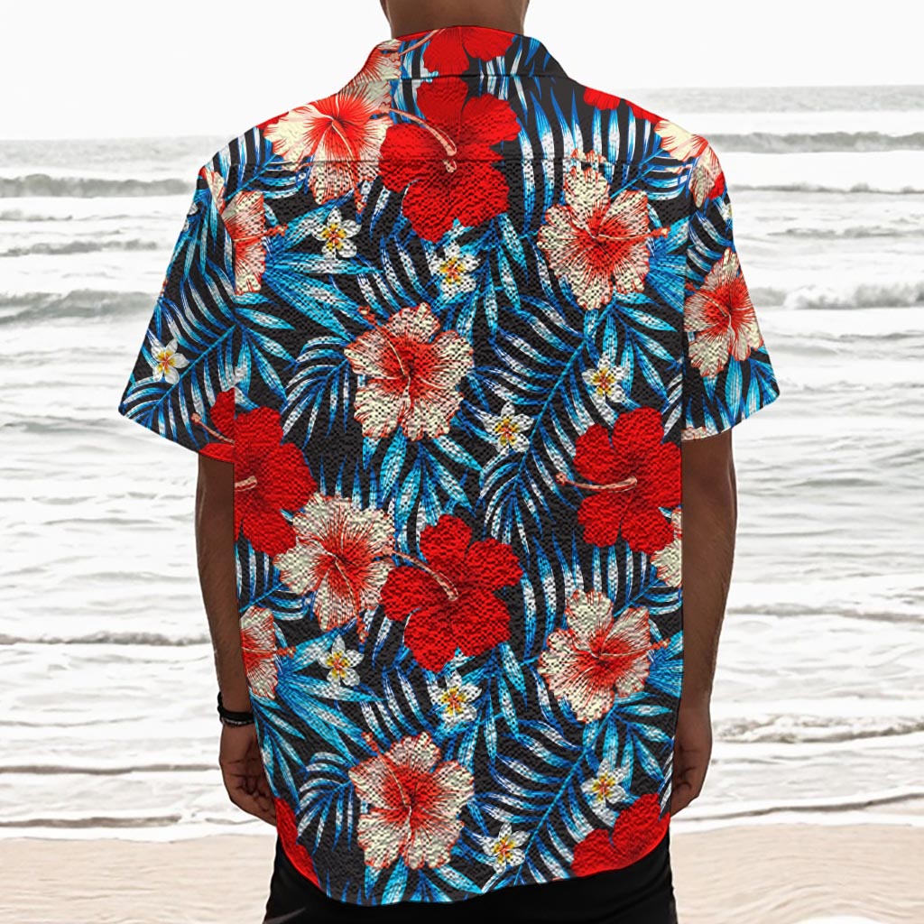 Turquoise Leaves Hibiscus Pattern Print Textured Short Sleeve Shirt
