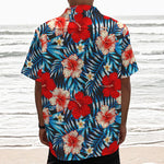 Turquoise Leaves Hibiscus Pattern Print Textured Short Sleeve Shirt