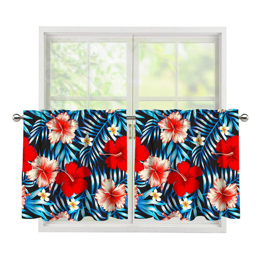 Turquoise Leaves Hibiscus Pattern Print Tier Curtains