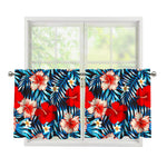 Turquoise Leaves Hibiscus Pattern Print Tier Curtains