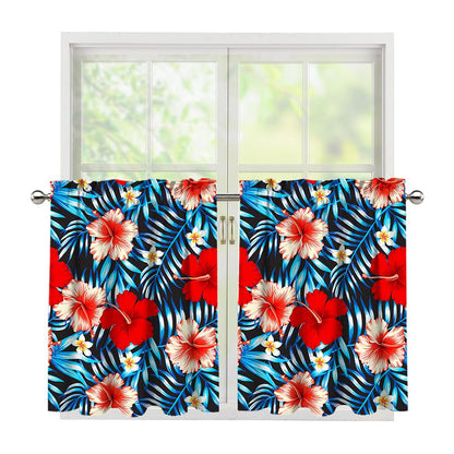 Turquoise Leaves Hibiscus Pattern Print Tier Curtains