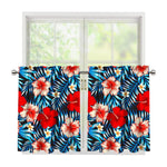 Turquoise Leaves Hibiscus Pattern Print Tier Curtains