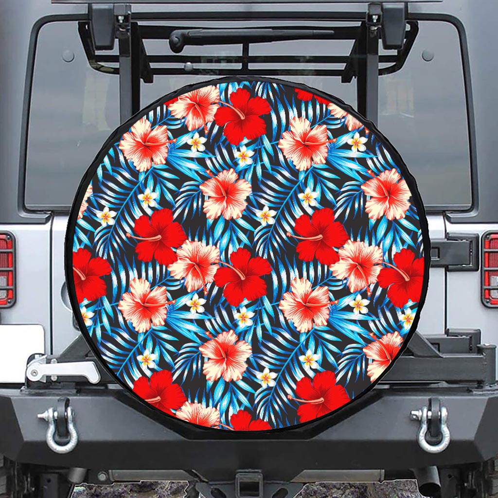 Turquoise Leaves Hibiscus Pattern Print Tire Cover