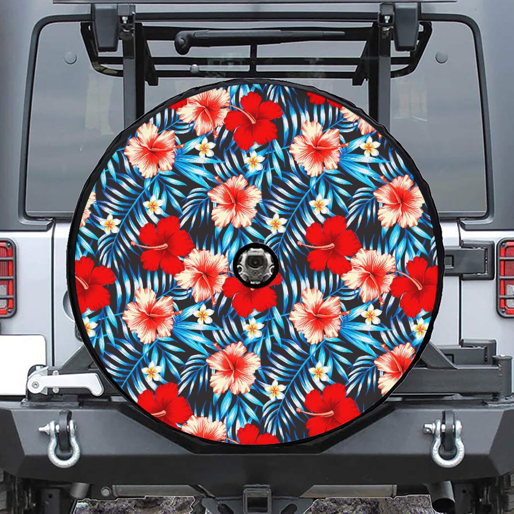 Turquoise Leaves Hibiscus Pattern Print Tire Cover With Camera Hole