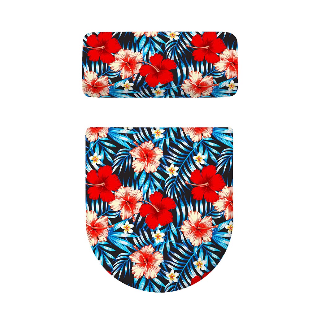 Turquoise Leaves Hibiscus Pattern Print Toilet Lid And Tank Cover Set