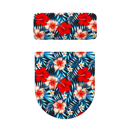 Turquoise Leaves Hibiscus Pattern Print Toilet Lid And Tank Cover Set
