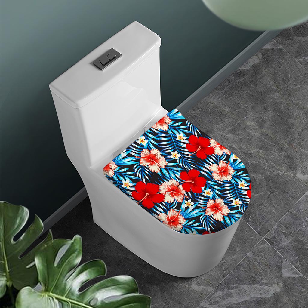 Turquoise Leaves Hibiscus Pattern Print Toilet Lid Cover