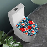 Turquoise Leaves Hibiscus Pattern Print Toilet Lid Cover
